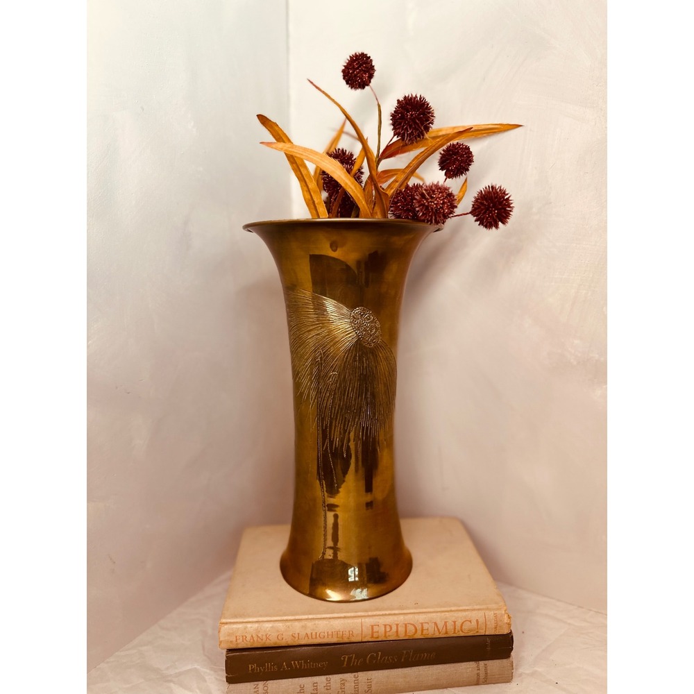 vintage solid brass dandelion etched vase flared rim made in India 11.5x6.5in